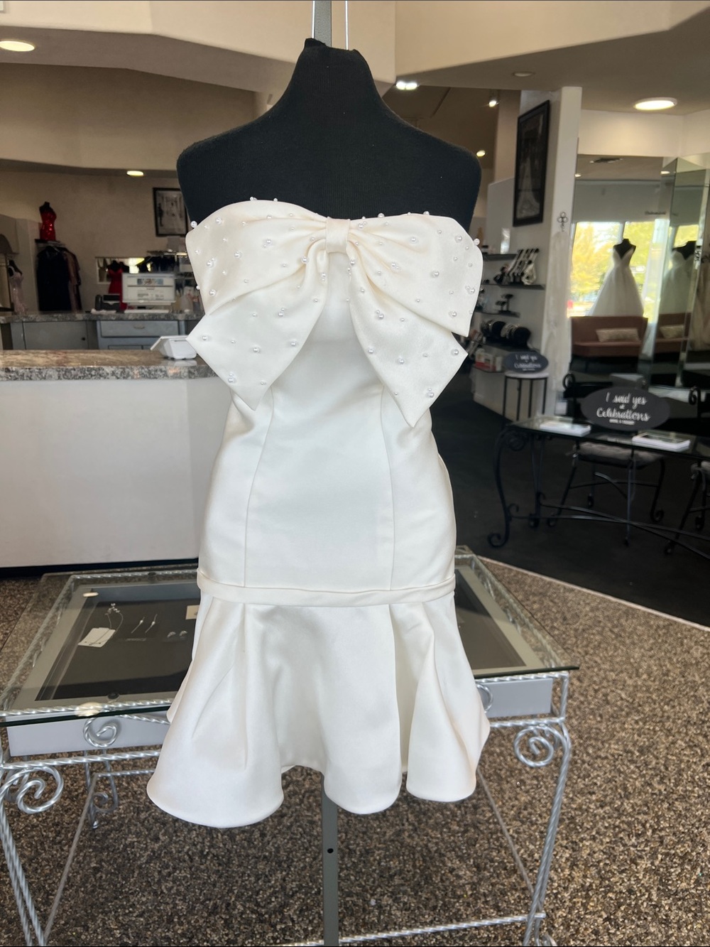 Strapless ivory Mini Dress with Pearl-Studded Bow